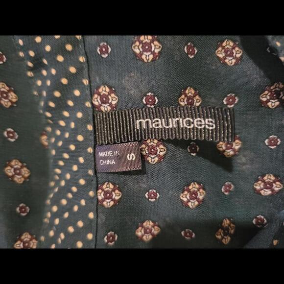 MAURICES small green with tan & burgundy print sheer blouse - Picture 3 of 3